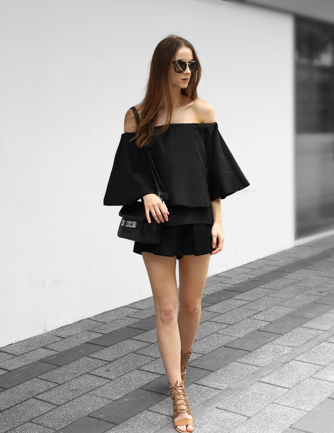 All black outfit off the shoulder top from luxe with love
