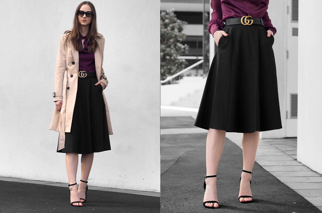 Karen Millen Knot-Neck Top, A-Line Skirt and Classic Trench Coat  outfit