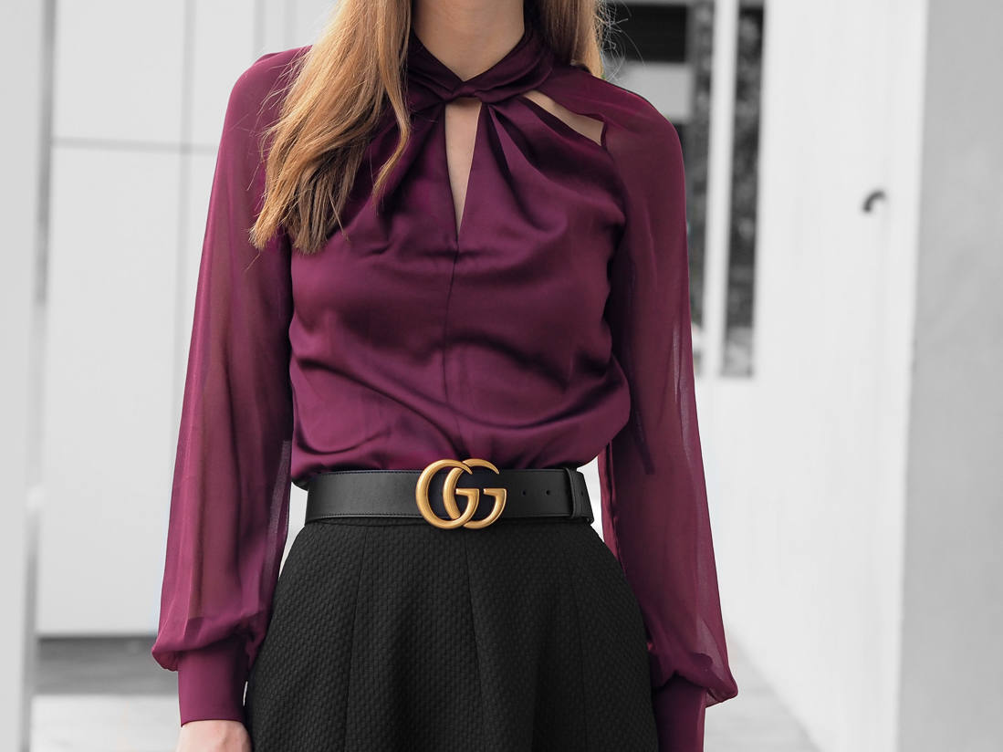 Karen Millen Knot-Neck Top Gucci belt outfit 