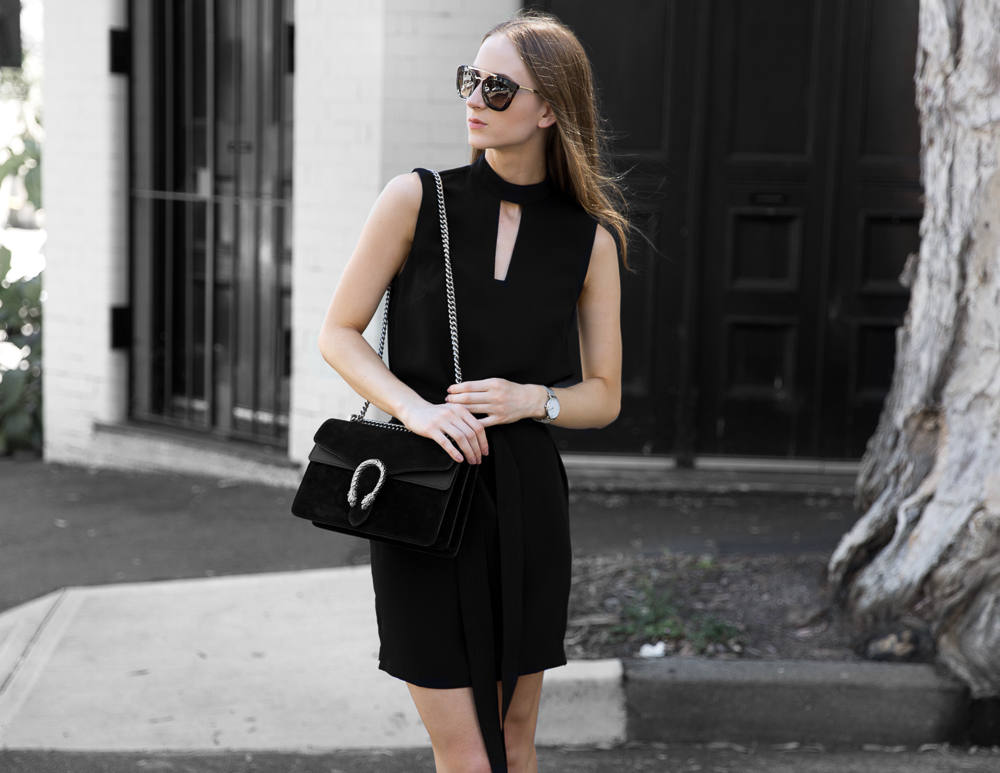 Minimal Street Style Little black Dress Gucci Dionysus Black Bag