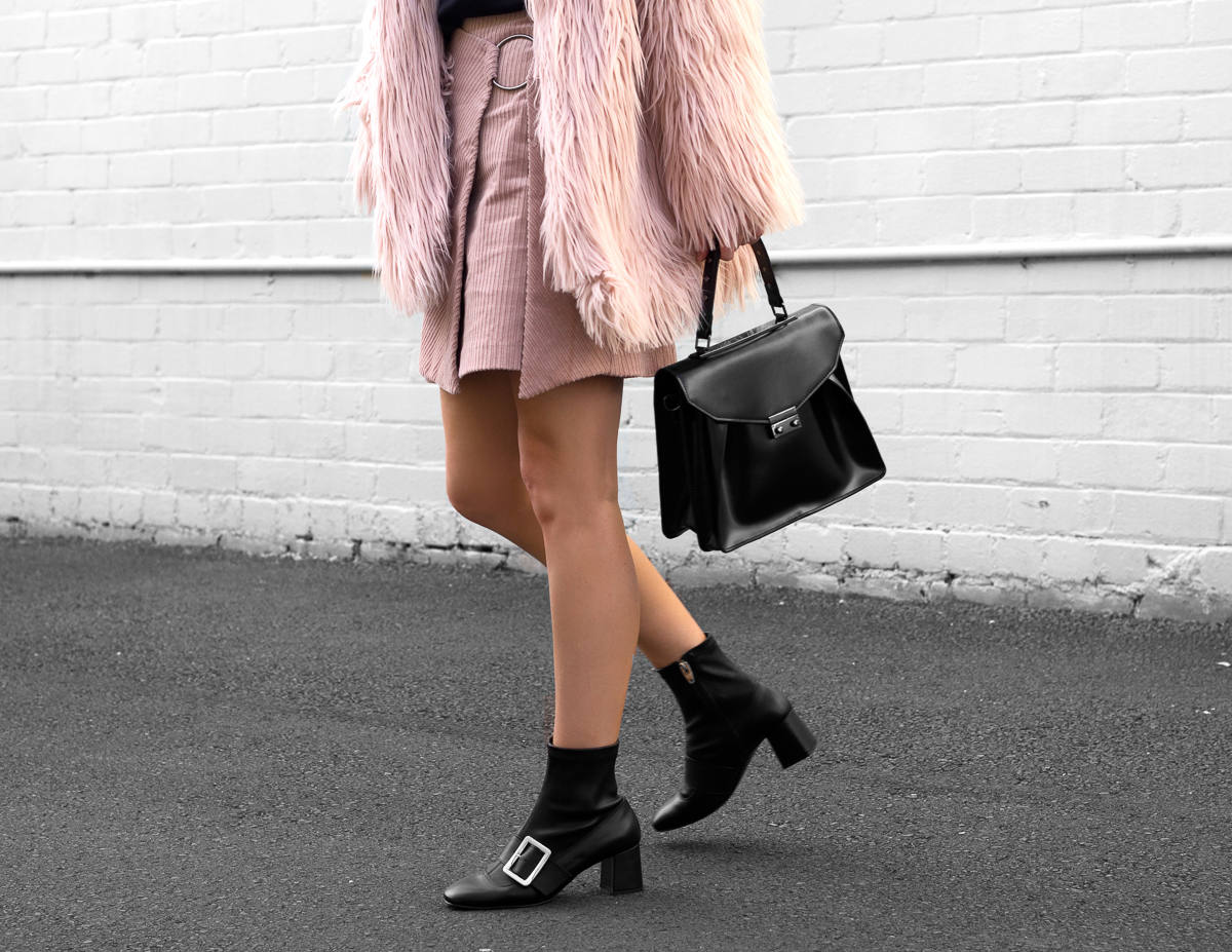 pink faux fur shaggy coat jacket street style outfit