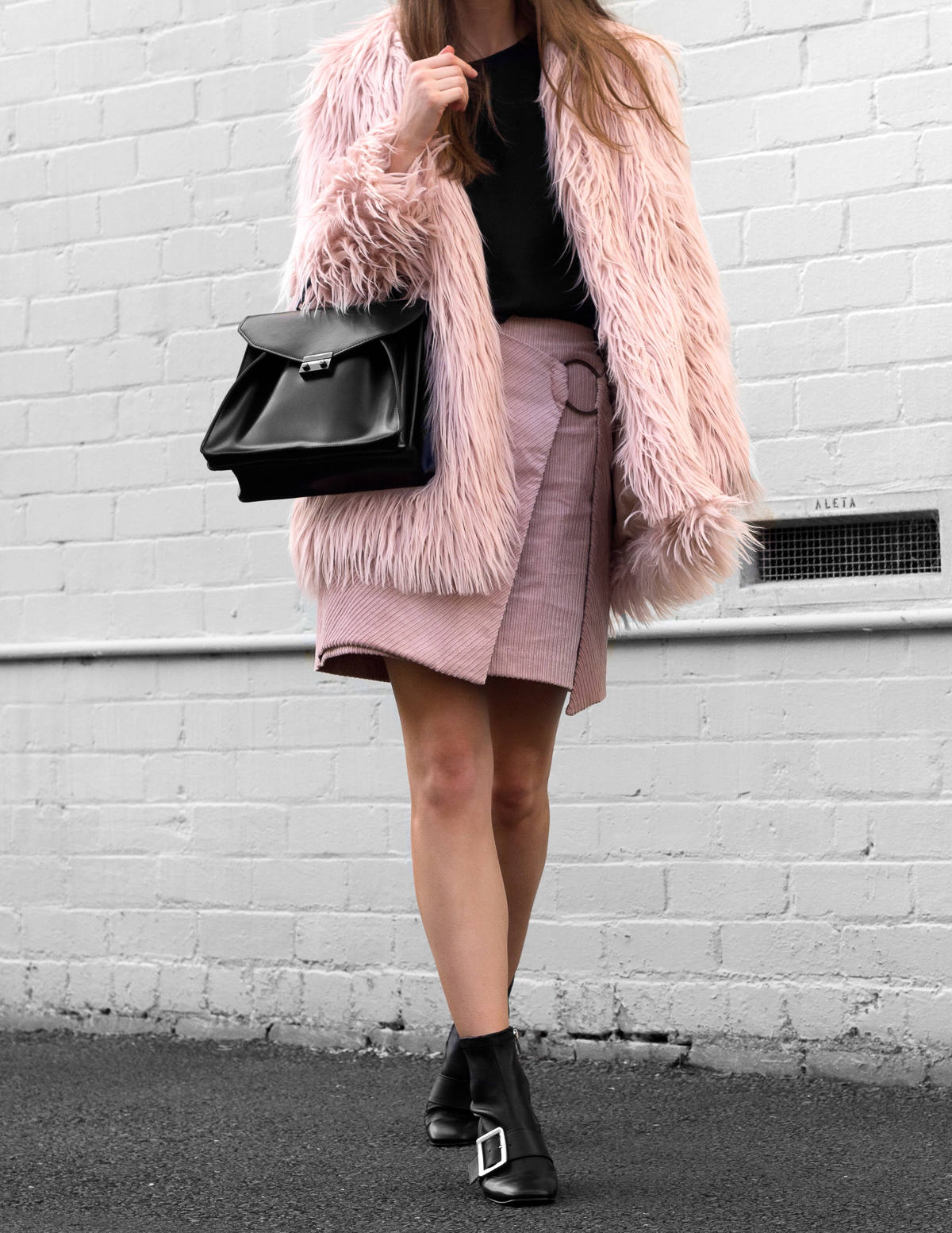 pink faux fur shaggy coat jacket street style outfit
