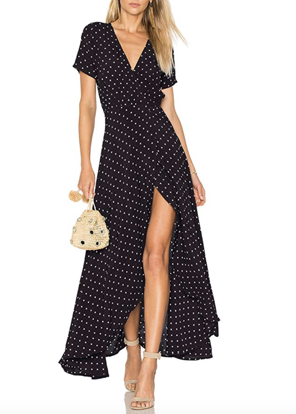 Black Polka Dot Wrap Maxi Dress